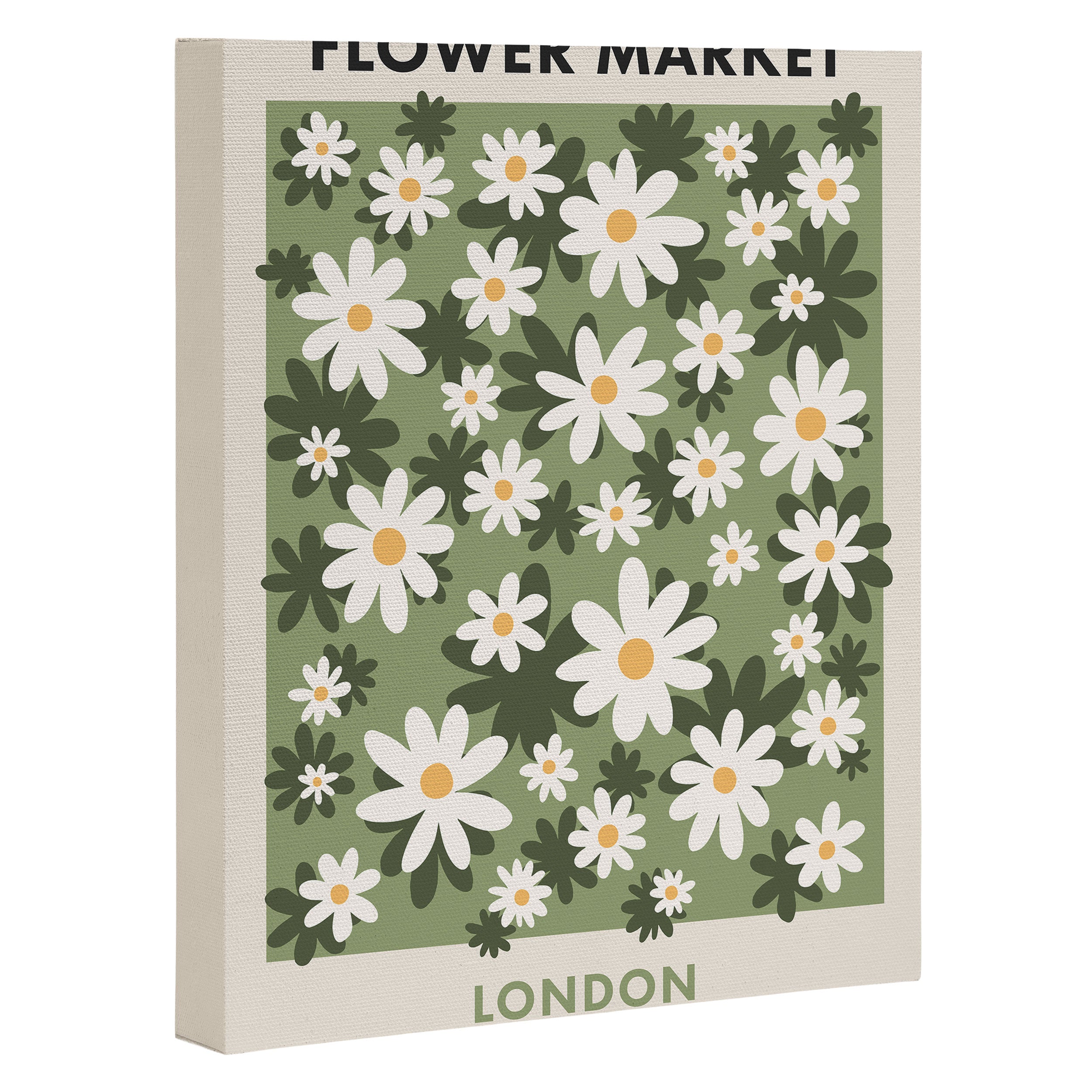Flower Market London, Retro Daisies  Print, Green Ditsy Pattern Canvas Print Gallery Image 3