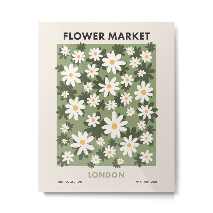 Flower Market London, Retro Daisies  Print, Green Ditsy Pattern Metal Print Gallery Image 1