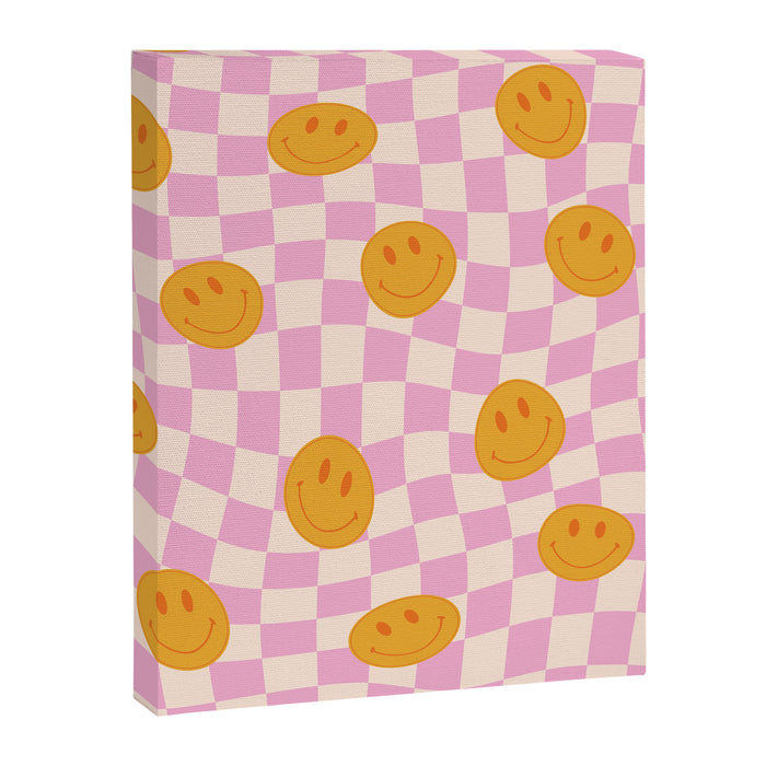 Groovy Smiley Faces on Pastel Pink Twisted Checkerboard Canvas Print Gallery Image 1