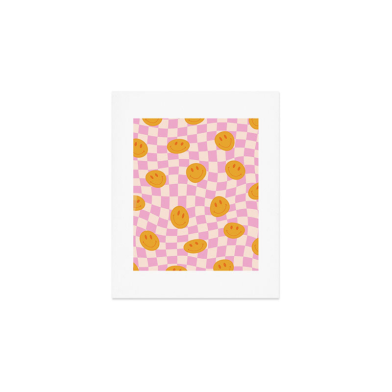 Groovy Smiley Faces on Pastel Pink Twisted Checkerboard Art Print Gallery Image 1