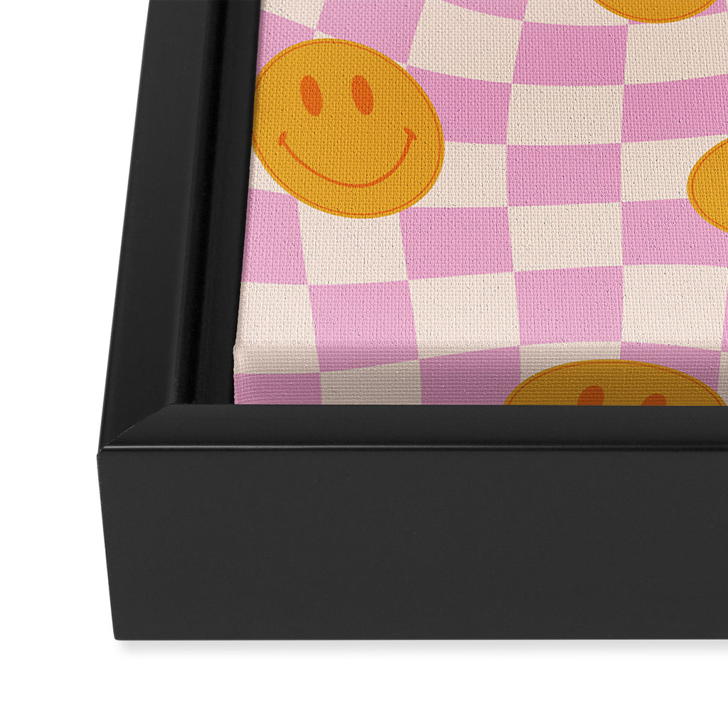Groovy Smiley Faces on Pastel Pink Twisted Checkerboard Framed Canvas Print Gallery Image 3
