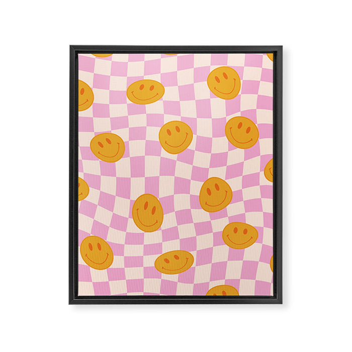 Groovy Smiley Faces on Pastel Pink Twisted Checkerboard Framed Canvas Print Gallery Image 1
