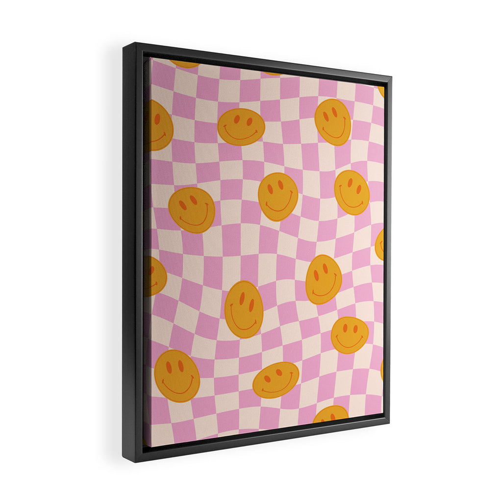 Groovy Smiley Faces on Pastel Pink Twisted Checkerboard Framed Canvas Print Gallery Image 2