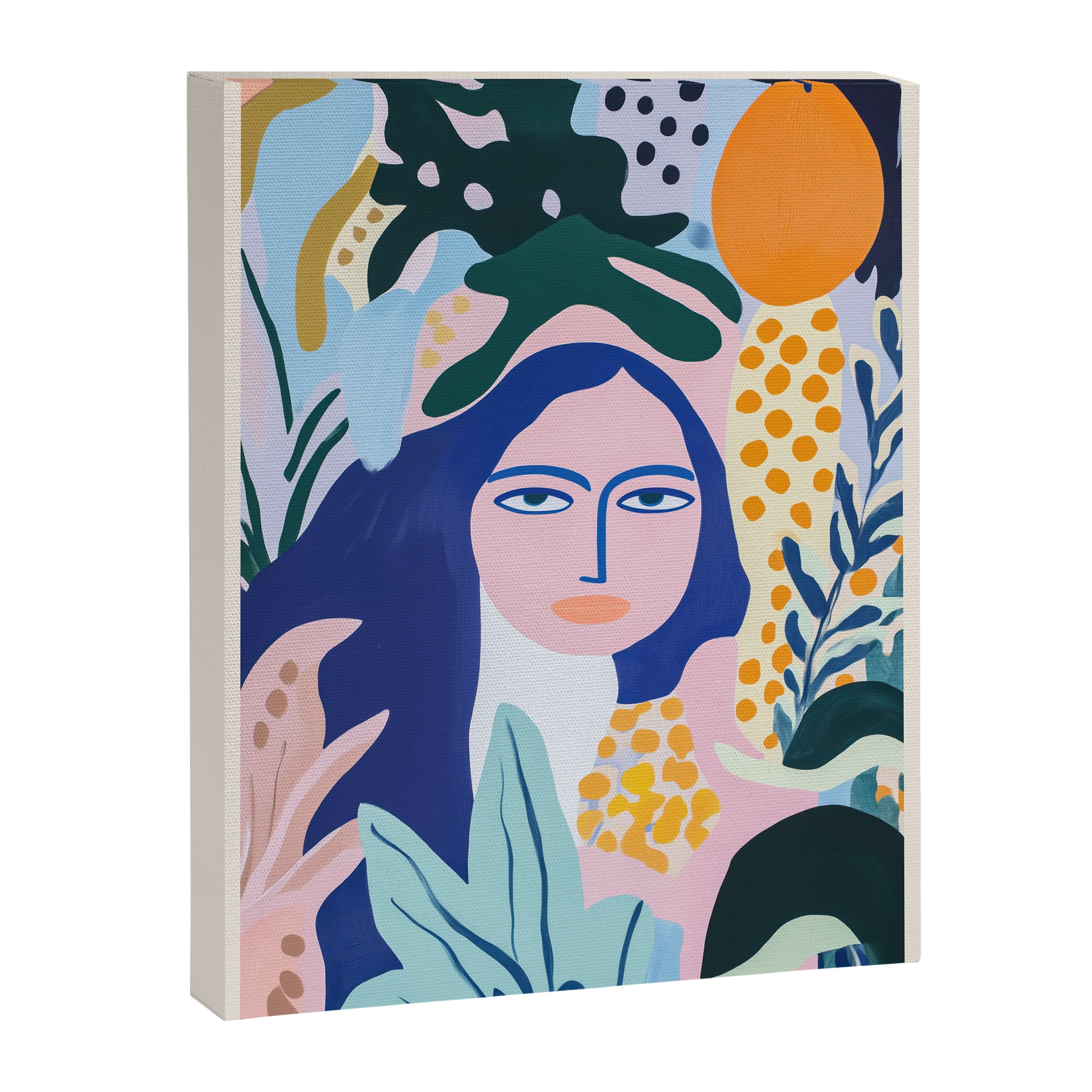 Matisse style Woman Portrait with Plants in Blue Tones Canvas Print Gallery Image 6