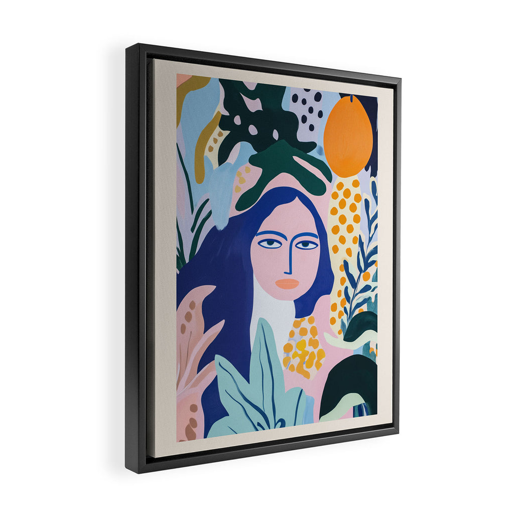 Matisse style Woman Portrait with Plants in Blue Tones Framed Canvas Print Gallery Image 2