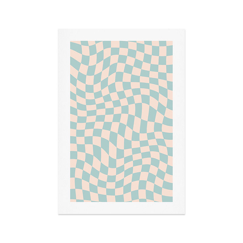 Retro Danish Pastel Light Blue Warped Checkerboard Art Print Gallery Image 1
