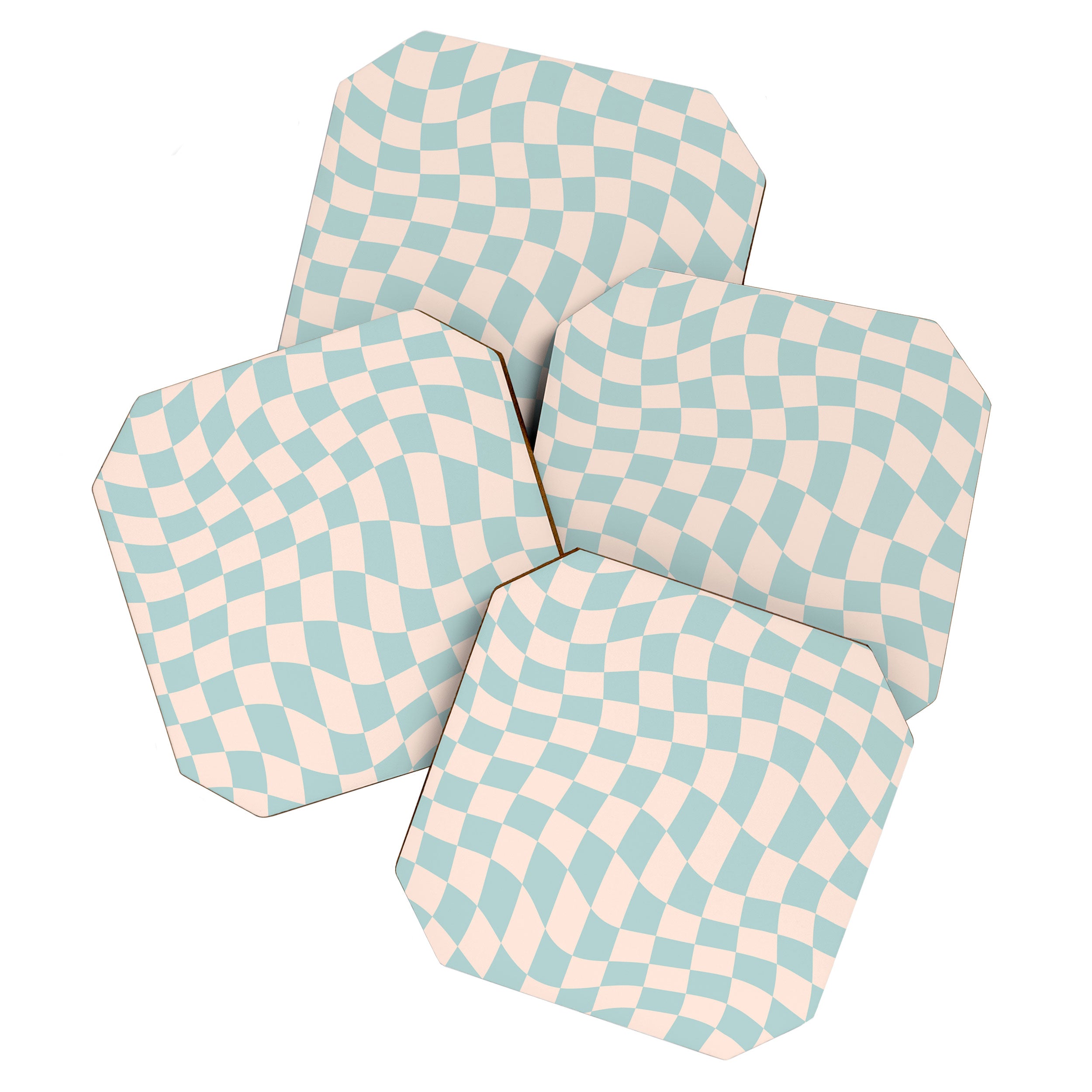 Retro Danish Pastel Light Blue Warped Checkerboard Coaster Gallery Image 1
