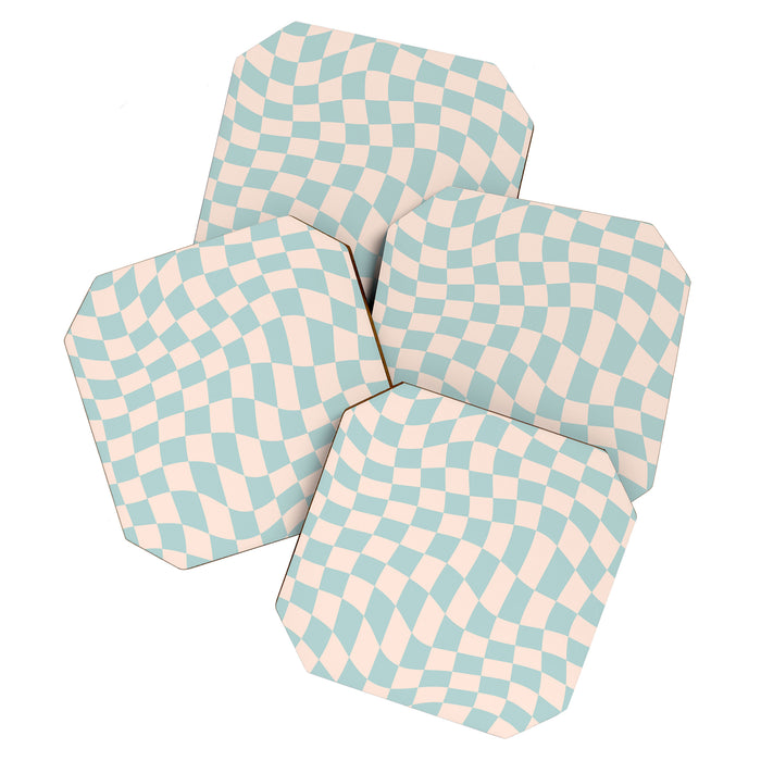 Retro Danish Pastel Light Blue Warped Checkerboard Coaster Gallery Image 1