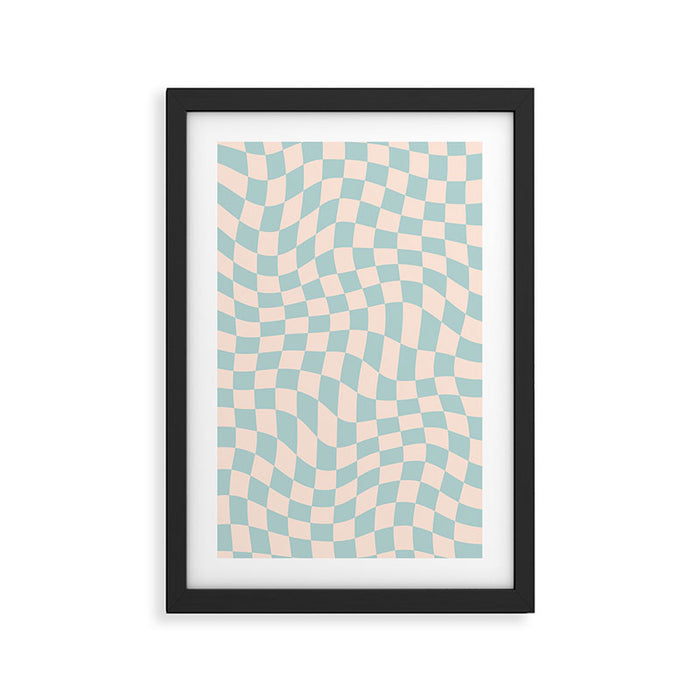 Retro Danish Pastel Light Blue Warped Checkerboard Framed Art Print Gallery Image 1