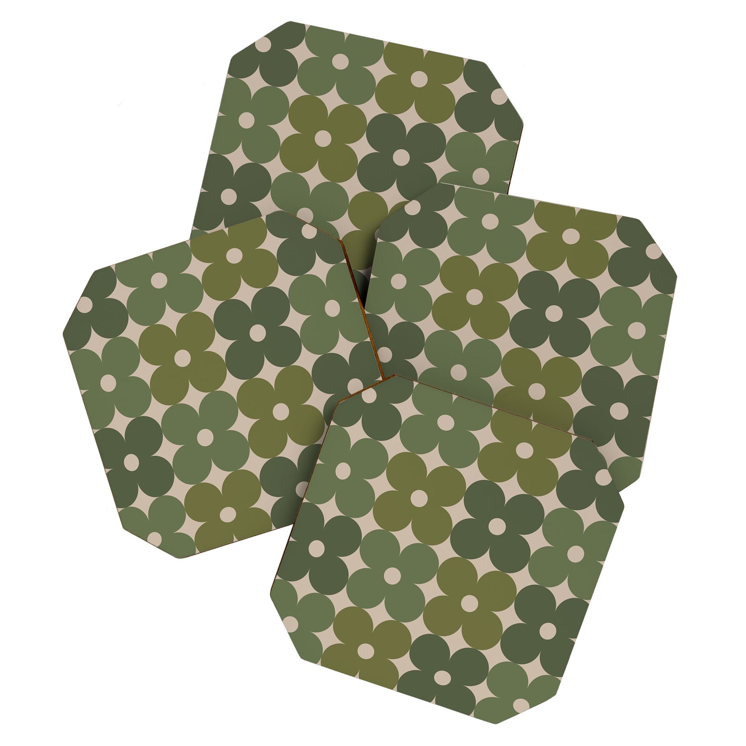 Retro Flower Geometric Pattern in Green Tones Coaster Gallery Image 1