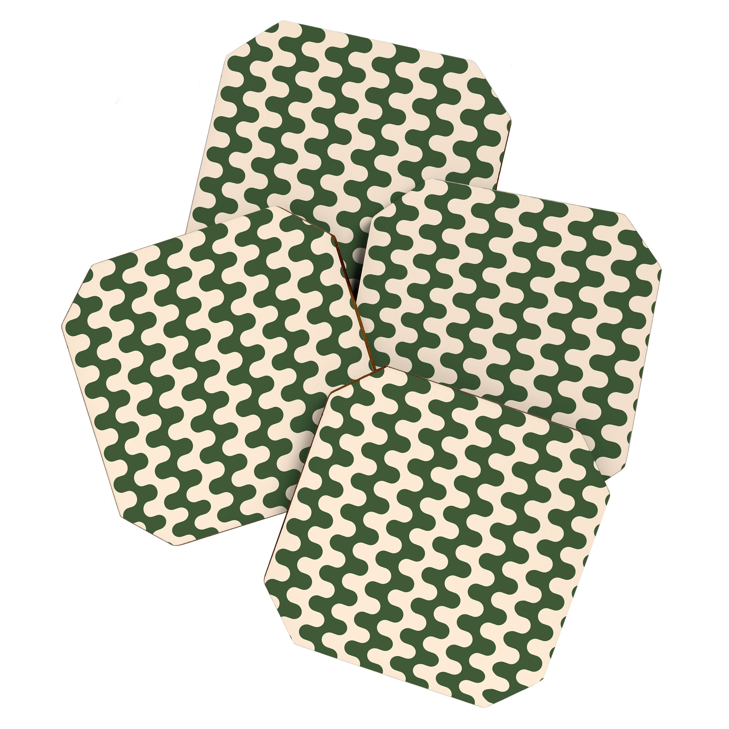 Retro Mid Century Modern Waves in Forest Green and Creamy White Coaster Gallery Image 1