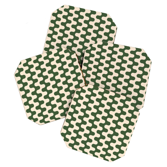 Retro Mid Century Modern Waves in Forest Green and Creamy White Coaster Gallery Image 1