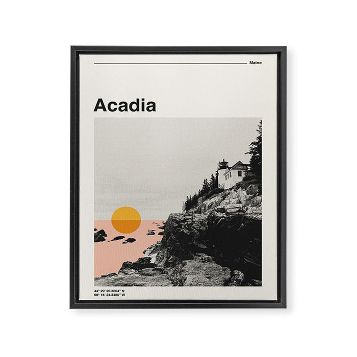 Retro National Park Poster, Acadia Maine, Vintage Mid Century Modern Framed Canvas Print Gallery Image 1
