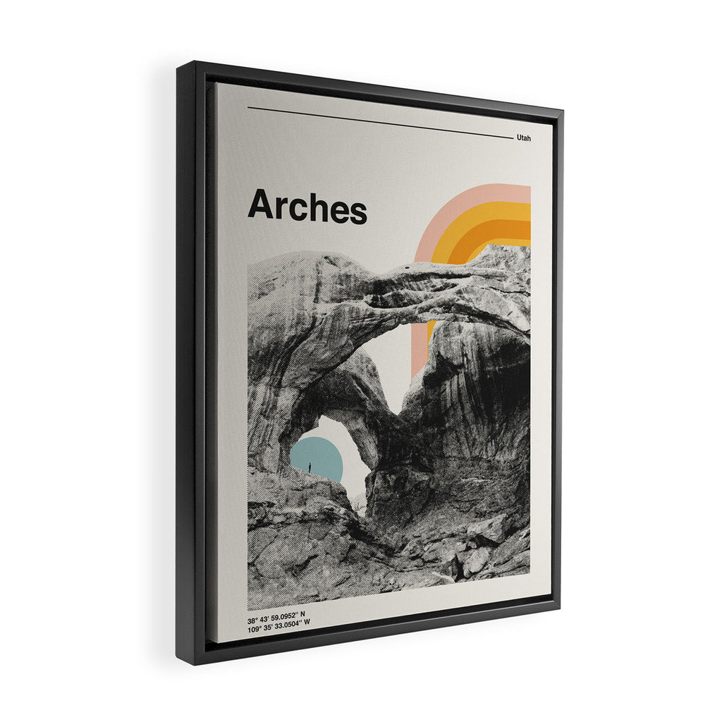 Retro Travel Poster, Arches National Park Collage Framed Canvas Print Gallery Image 2