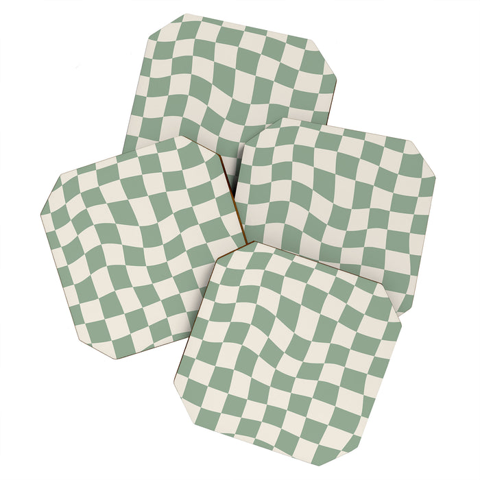 Sage Green Wavy Checkered Pattern Coaster Gallery Image 1