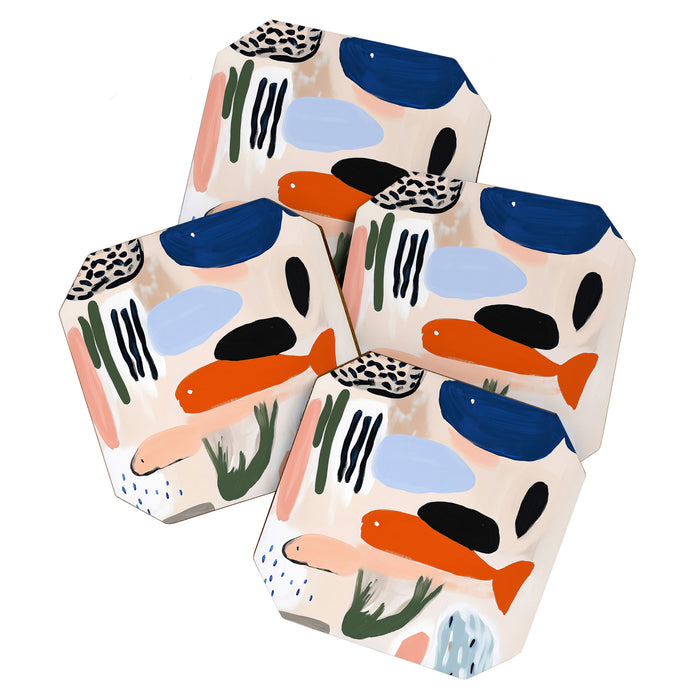 Sea Life Abstract Coral Seashells and Fishses Ocean Coastal  Art Painting  Coaster Gallery Image 1