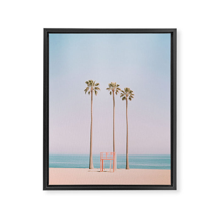 Three Palms on the Beach Minimalist Pastel AI Photography Framed Canvas Print Gallery Image 1