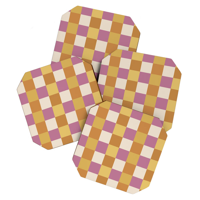 Checkered Multicolor Pattern XXXII 60s Summer Pink Orange Coaster Gallery Image 1