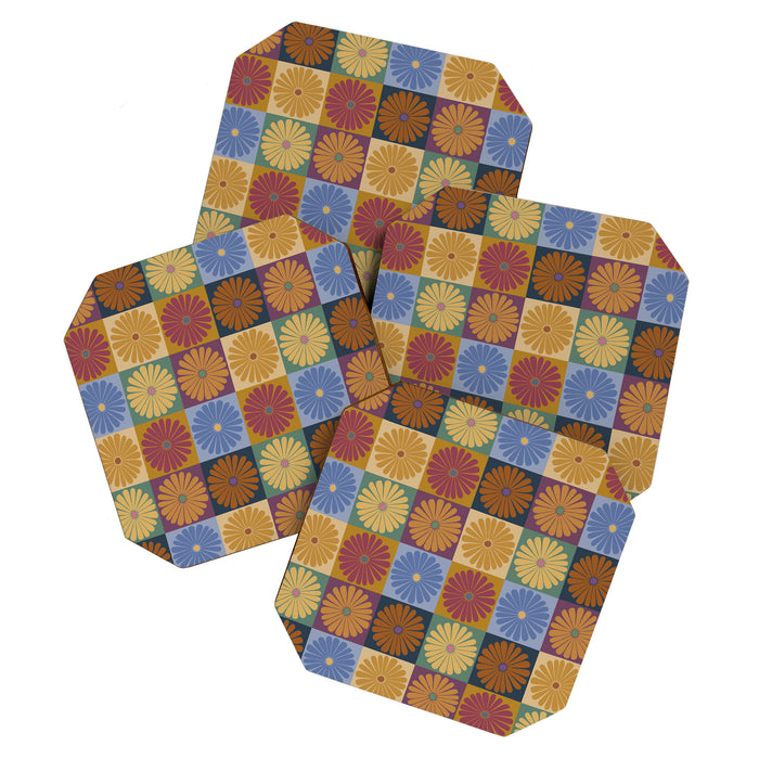 Retro Flowers Check Pattern XII Coaster Gallery Image 1