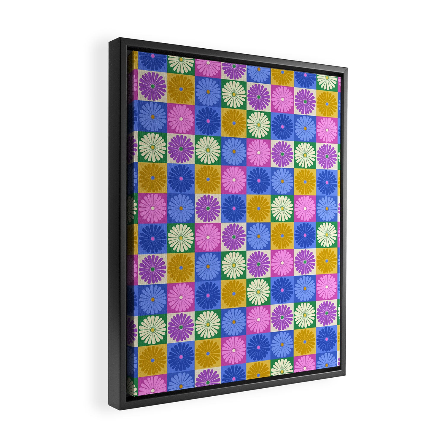 Retro Flowers Check Pattern XIV Framed Canvas Print Gallery Image 2