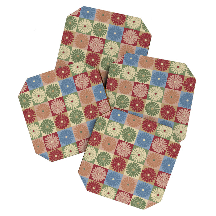 Retro Flowers Check Pattern XIX Coaster Gallery Image 1