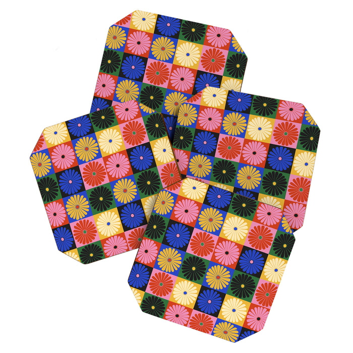 Retro Flowers Check Pattern XV Coaster Gallery Image 1