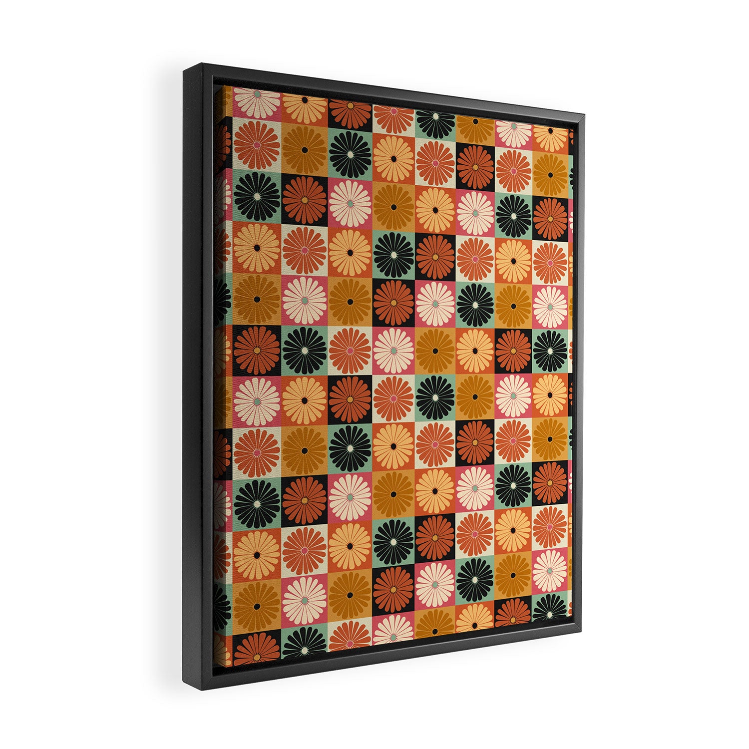Retro Flowers Check Pattern XVI Framed Canvas Print Gallery Image 2
