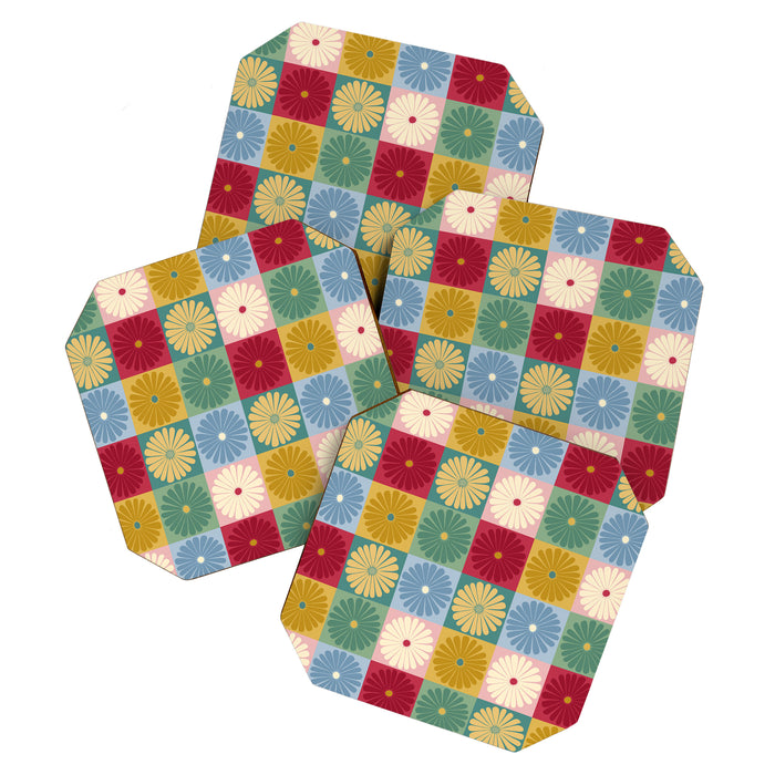 Retro Flowers Check Pattern XX Coaster Gallery Image 1