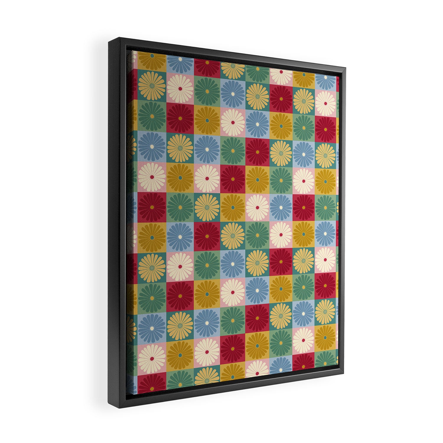 Retro Flowers Check Pattern XX Framed Canvas Print Gallery Image 2