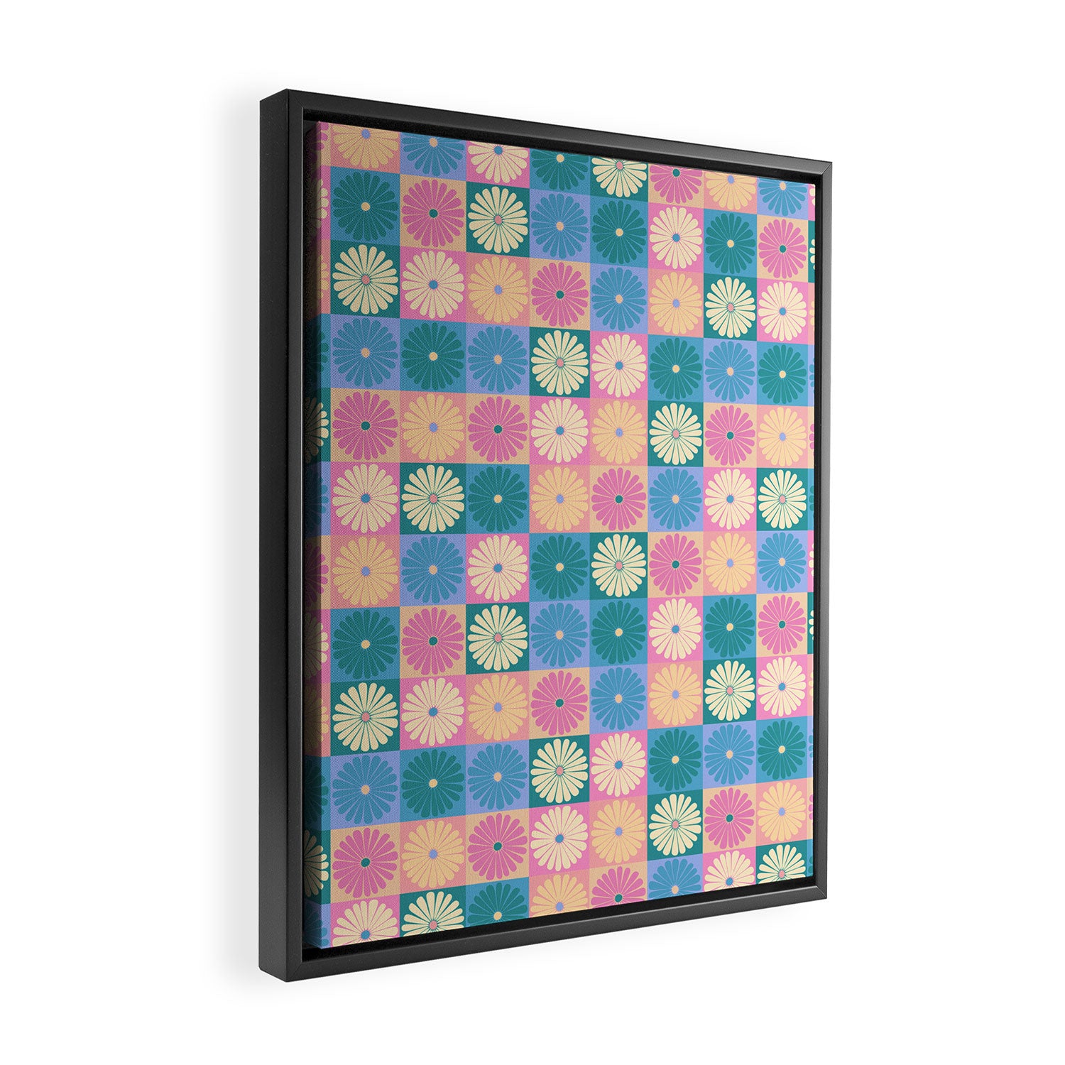 Retro Flowers Check Pattern XXIII Framed Canvas Print Gallery Image 2