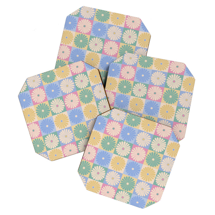 Retro Flowers Check Pattern XXIV Coaster Gallery Image 1