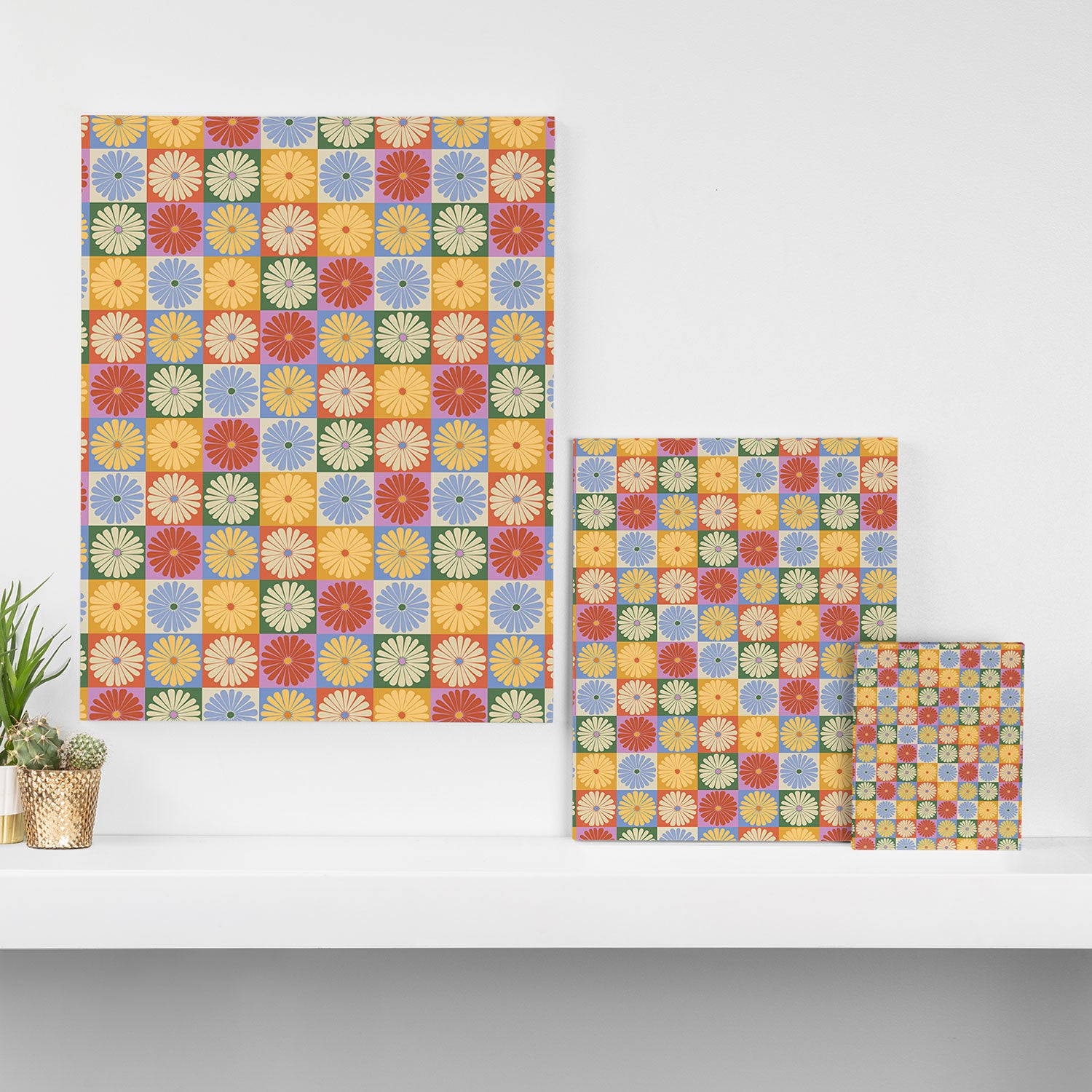 Retro Flowers Check Pattern XXIX Canvas Print Gallery Image 3