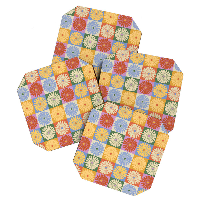 Retro Flowers Check Pattern XXIX Coaster Gallery Image 1