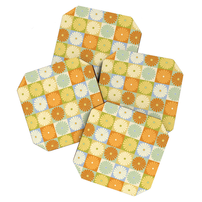 Retro Flowers Check Pattern XXVIII Coaster Gallery Image 1