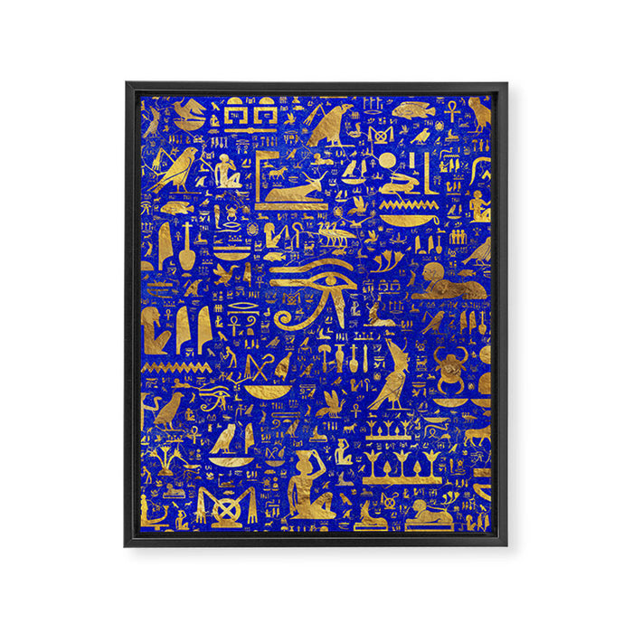 Ancient Egyptian hieroglyphs -Lapis Lazuli and Gold Framed Canvas Print Gallery Image 1
