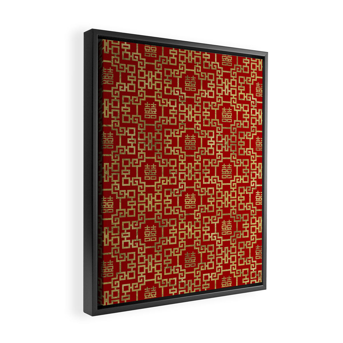 Chinese Pattern Double Happiness Symbol Gold on Red Framed Canvas Print Gallery Image 2
