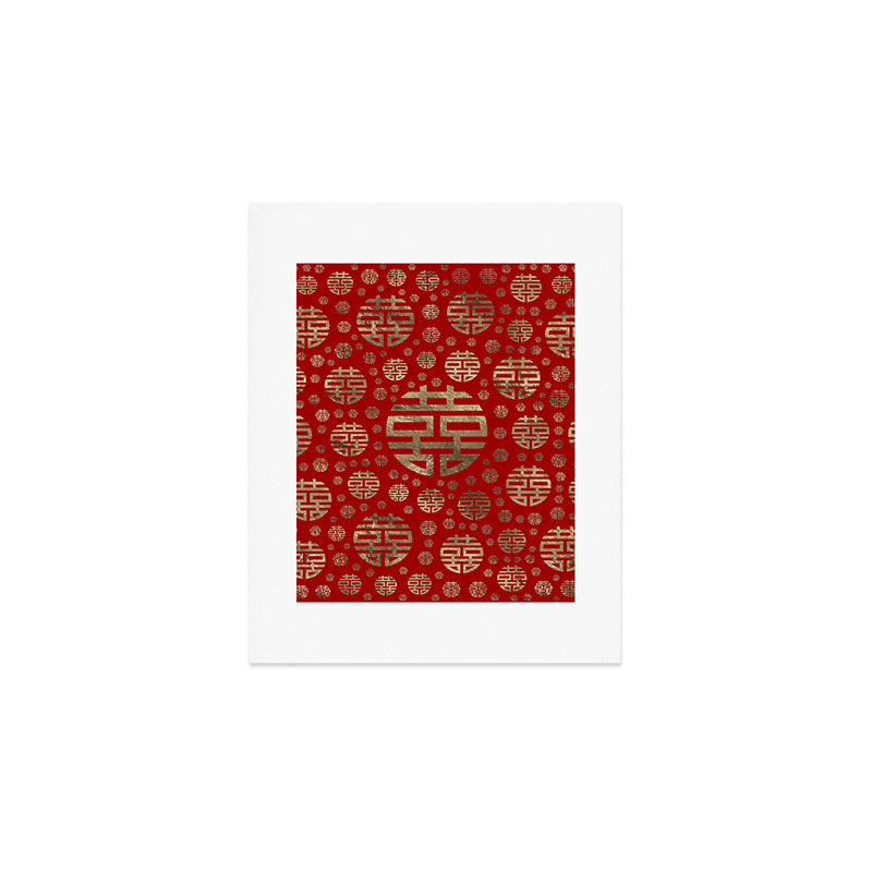 Double Happiness Symbol pattern - Gold on red Art Print Gallery Image 1