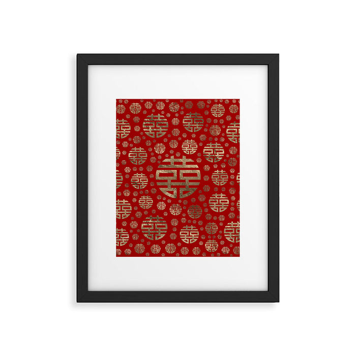 Double Happiness Symbol pattern - Gold on red Framed Art Print Gallery Image 1