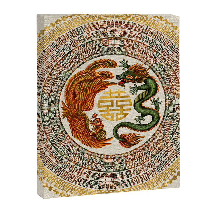 Double Happiness Symbol with Phoenix and Dragon  Canvas Print Gallery Image 1