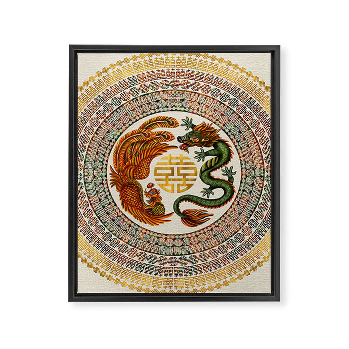 Double Happiness Symbol with Phoenix and Dragon  Framed Canvas Print Gallery Image 1