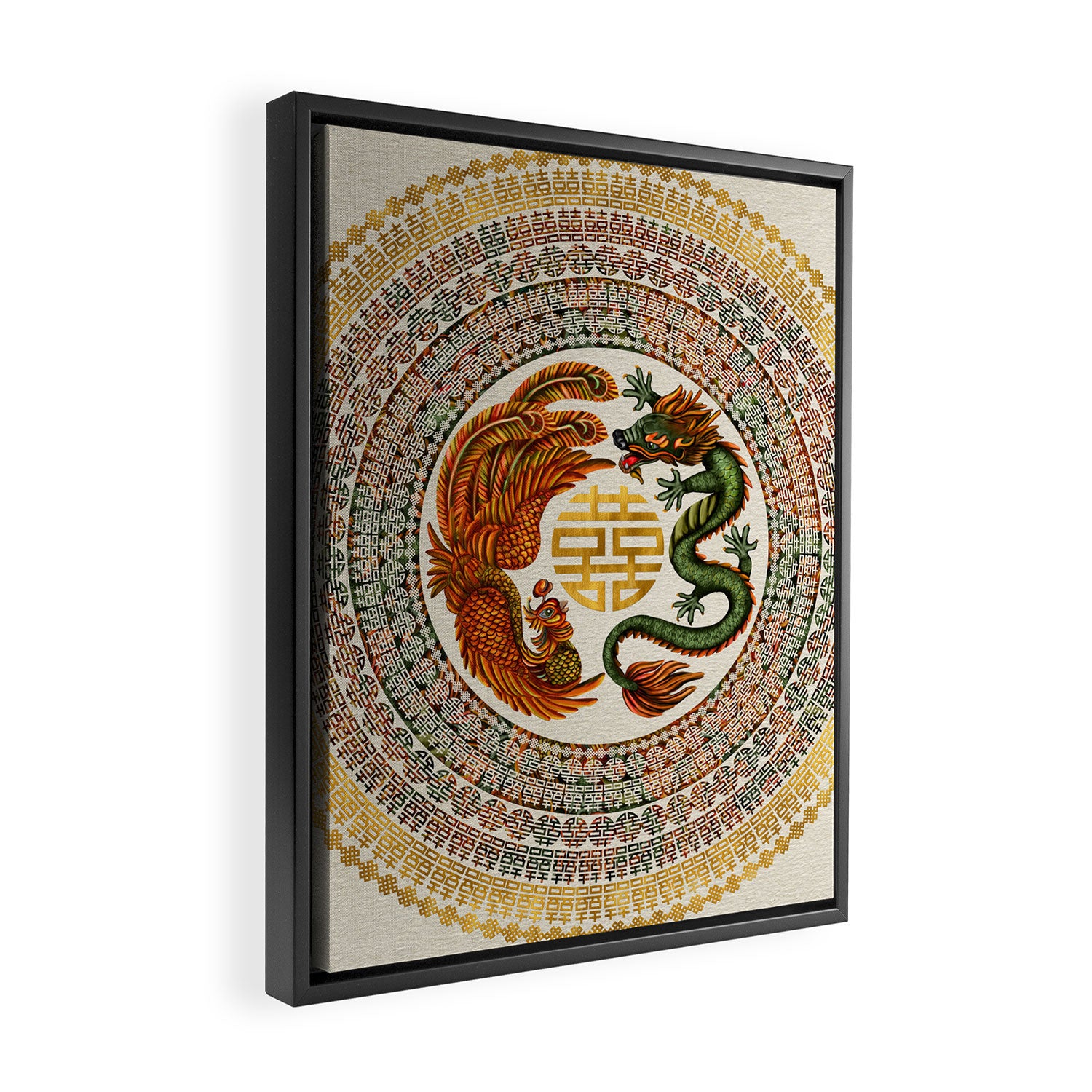 Double Happiness Symbol with Phoenix and Dragon  Framed Canvas Print Gallery Image 2