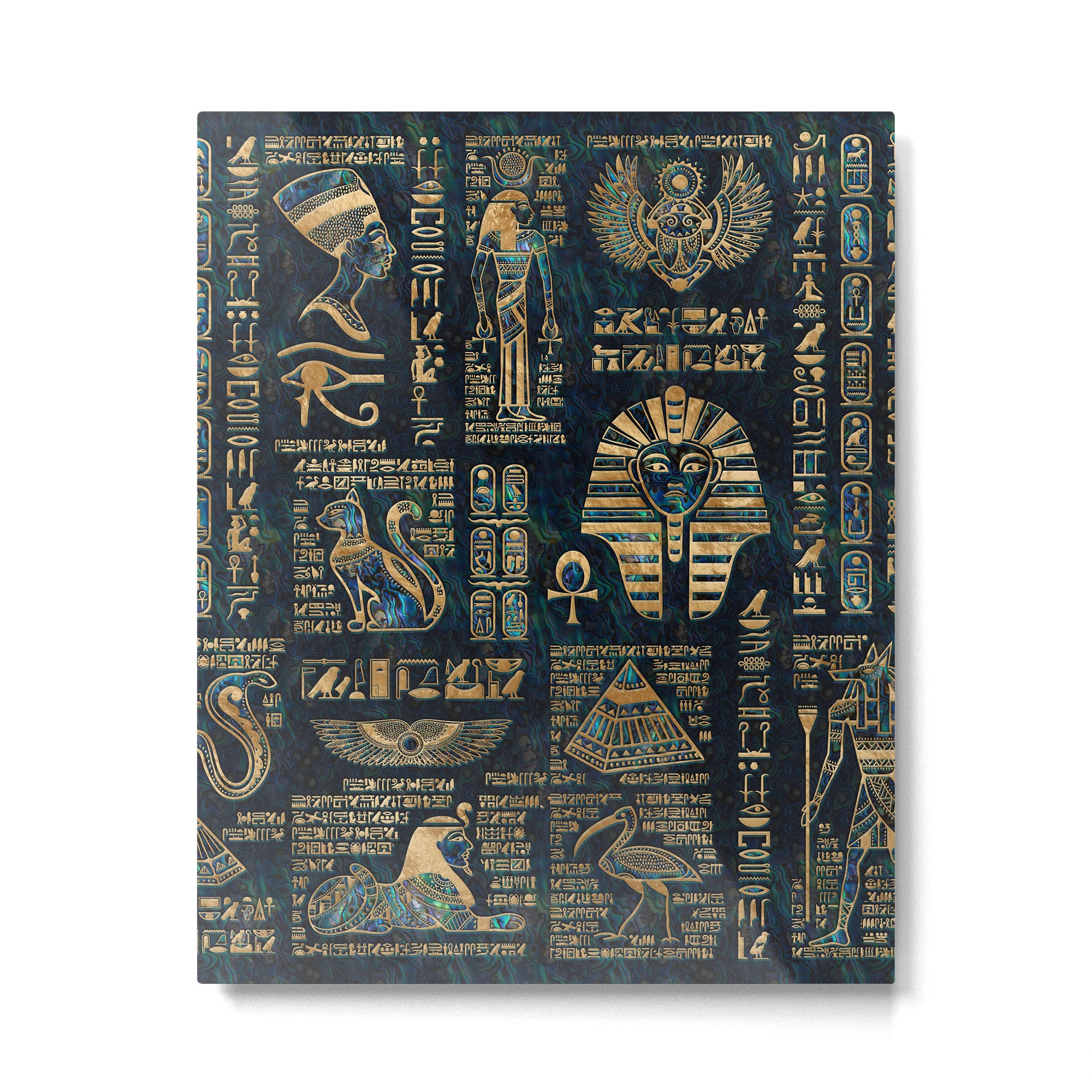 Egyptian hieroglyphs and deities -Abalone and gold Metal Print Gallery Image 6