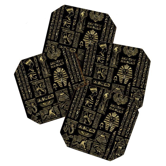 Egyptian hieroglyphs and deities gold on black Coaster Gallery Image 1