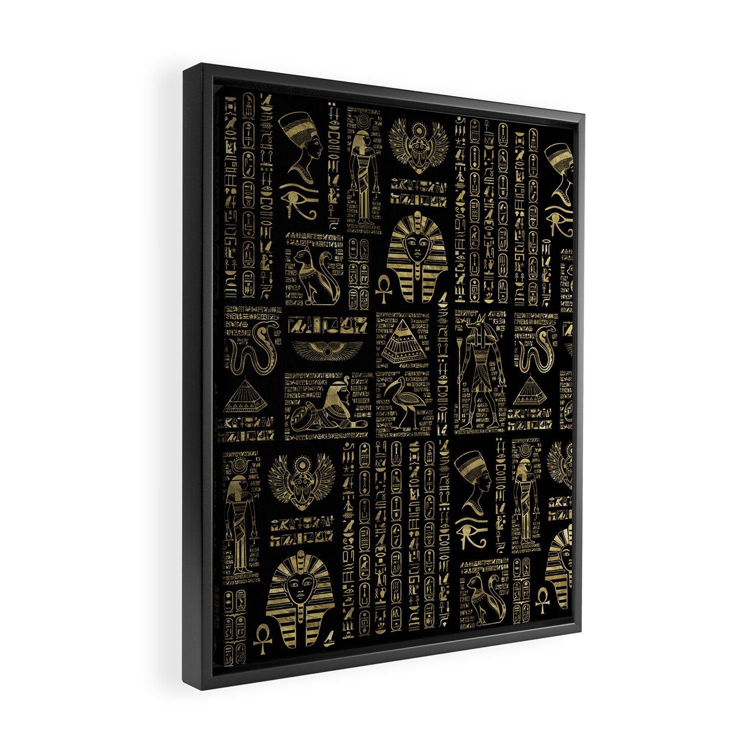 Egyptian hieroglyphs and deities gold on black Framed Canvas Print Gallery Image 2