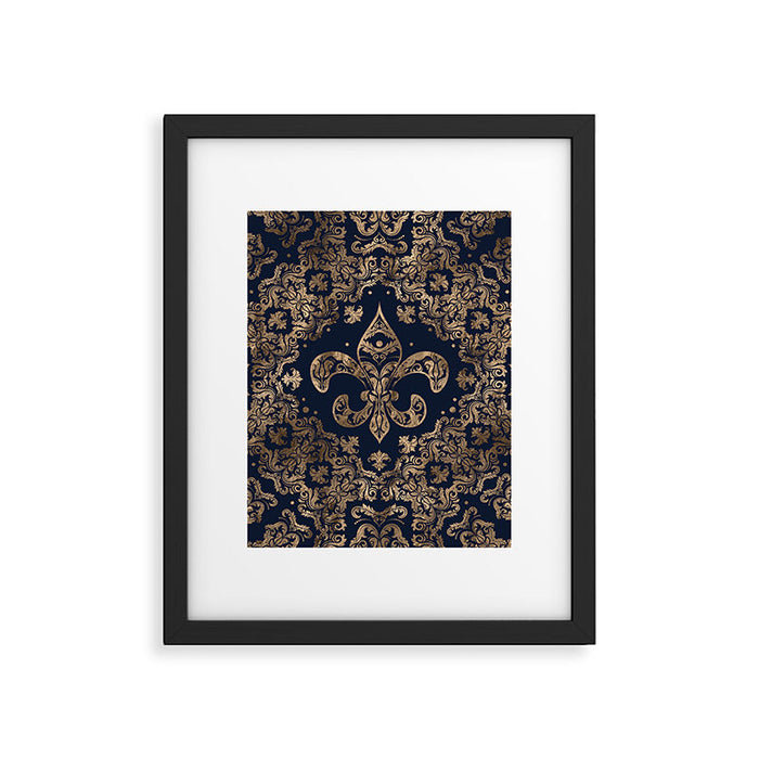 Luxury Fleur-de-lis Ornament - gold and dark blue Framed Art Print Gallery Image 1