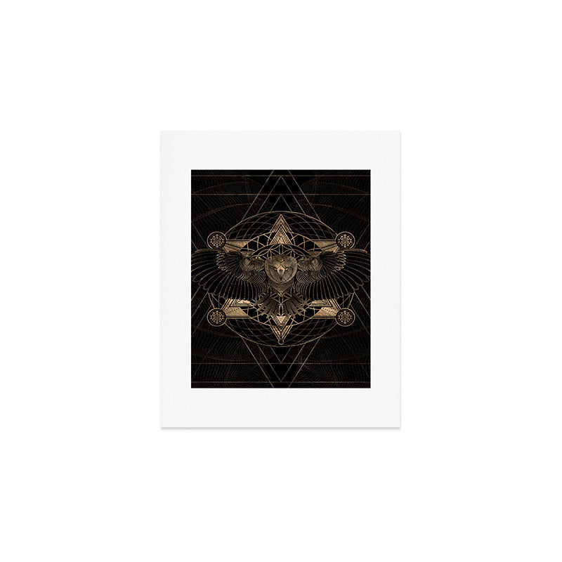 Owl in Sacred Geometry Composition - Black and Gold Art Print Gallery Image 1
