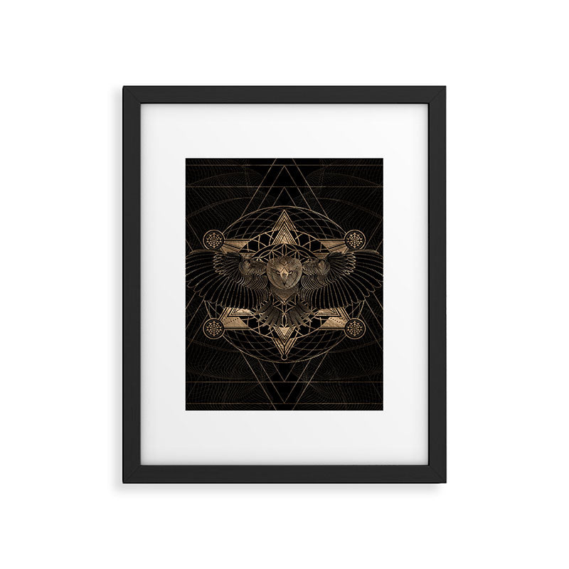 Owl in Sacred Geometry Composition - Black and Gold Framed Art Print Gallery Image 6