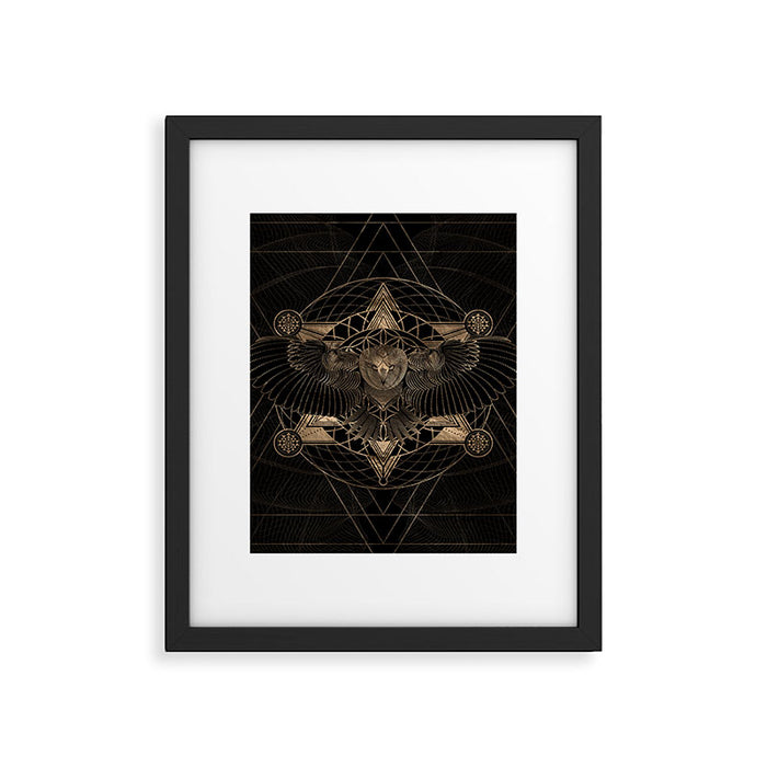 Owl in Sacred Geometry Composition - Black and Gold Framed Art Print Gallery Image 1