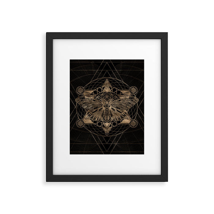 Regal moth in Sacred Geometry - Black and Gold Framed Art Print Gallery Image 1