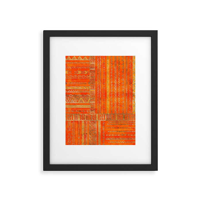 Tribal Ethnic pattern gold on bright orange Framed Art Print Gallery Image 1
